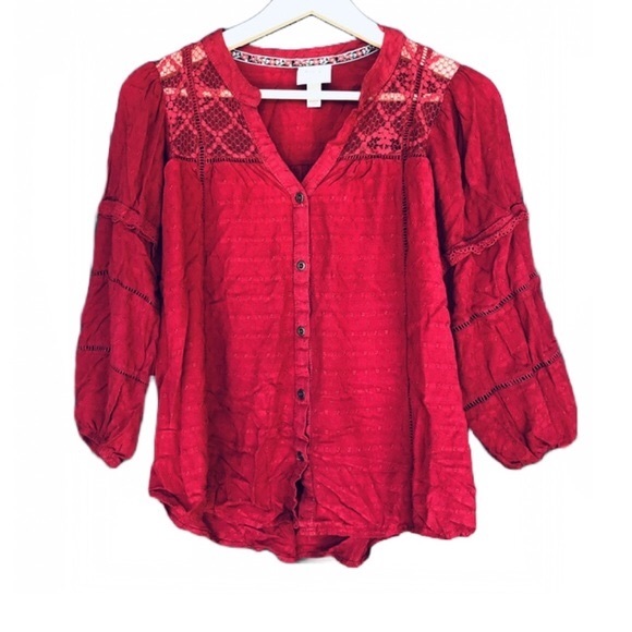 Knox Rose Tops - KNOX ROSE Red Peasant Ruffle Balloon 3/4 Sleeve Knit Lace Button Top Size Medium